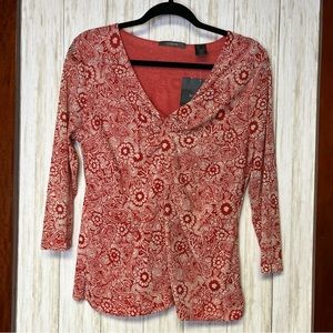 Liz Claiborne Orangish Red Gathered V-Neck Floral Print Blouse 3/4 sleeve Size L